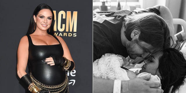 renee blair showing off baby bump at acm awards renee blair with husband and baby in hospital bed