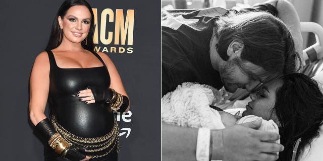 renee blair showing off baby bump at acm awards renee blair with husband and baby in hospital bed