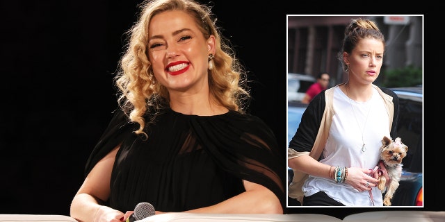 Amber Heard smiling and holding her dog