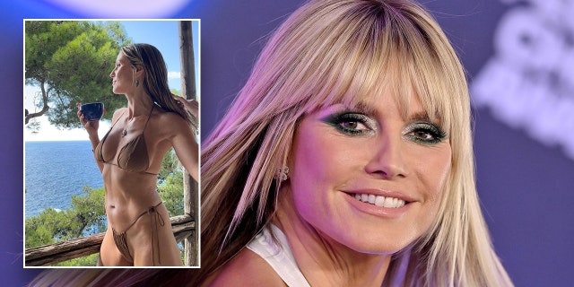 Heidi Klum twirls back at the camera with her hair flowing and smiles on the carpet inset a photo of Klum drinking coffee in a bathing suit in a picturesque setting