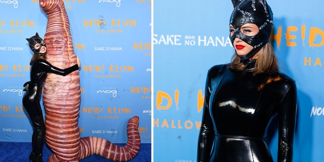 Leni Klum as Catwoman giving her mom Heidi Klum, dressed as a worm, a hug.