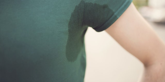 Close up of a person's sweaty underarm with pit stains on shirt.