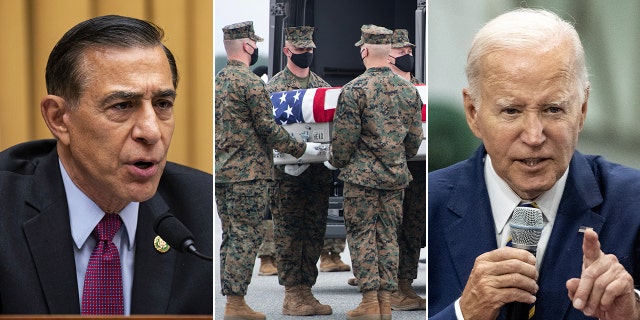 Issa, flag-draped casket and Biden split image