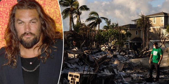 Jason Momoa in a dark blazer with a pink pearl necklace split Palm Trees and massive destruction outside a house in Maui