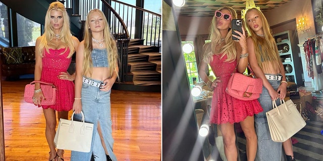 Jessica Simpson in a hot pink dress poses next to Maxwell in a jean shirt and skirt split a different pose 