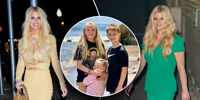 Jessica Simpson in a light yellow dress out walking in 2023 looking slimmer split Jessica Simson in a green jumpsuit in 2020 looking slightly bigger inset a picture of her smiling kids Maxwell, Ace and Birdie Mae