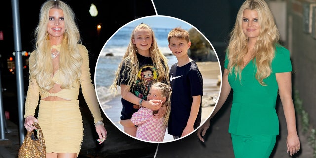 Jessica Simpson in a light yellow dress out walking in 2023 looking slimmer split Jessica Simson in a green jumpsuit in 2020 looking slightly bigger inset a picture of her smiling kids Maxwell, Ace and Birdie Mae