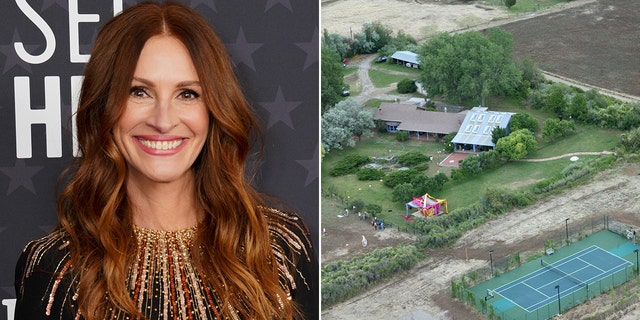Side by side of Julia Roberts and her New Mexico home