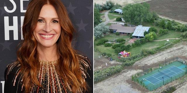 Side by side of Julia Roberts and her New Mexico home