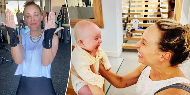 Kaley Cuoco in the gym shows off her black wrist wraps for her Carpal Tunnel split Kaley Cuoco holds baby daughter Matilda out in front of her and they both smile at each other