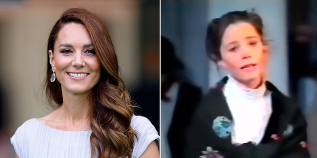 side-by-side photo Kate Middleton now and Kate Middleton as a child in the video