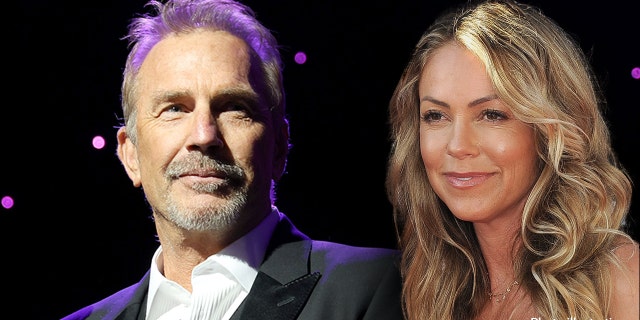 Kevin Costner wears black suit to awards benefit, Christine Baumgartner smiles on red carpet