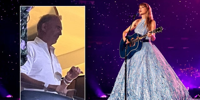 Kevin Costner watches Taylor Swift perform at Sofi Stadium
