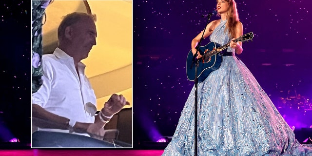 Kevin Costner watches Taylor Swift perform at Sofi Stadium