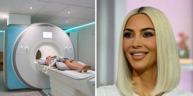 Kim Kardashian in a close-up bob and a whole body MRI machine
