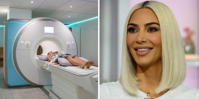 Kim Kardashian in a close-up bob and a whole body MRI machine