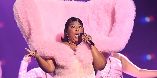 Lizzo in a pink outfit with a furry train that stands up at the Brit Awards