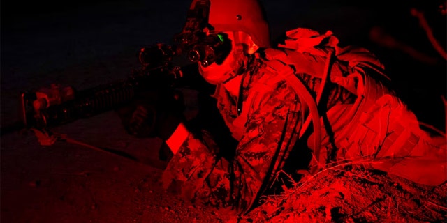 Marine Corps. soldier with night vision goggles training at Camp Pendleton