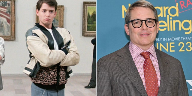 Matthew Broderick as Ferris Bueller in 1986, and at the premiere of his latest film, wearing glasses