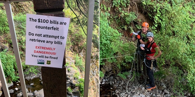 warning note and rescuers retrieving fake money