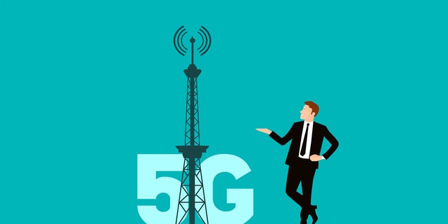 Graphic of a man standing next to a 5G tower.