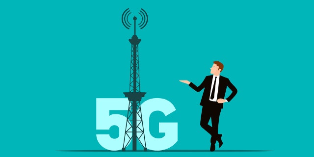 Graphic of a man standing next to a 5G tower.