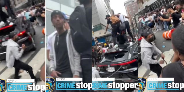 Union Square rioters in the street and on a vehicle