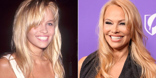 A split image of Pamela Anderson in 1991 and in 2023