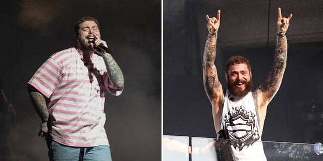 side by side of Post Malone before and after weight loss