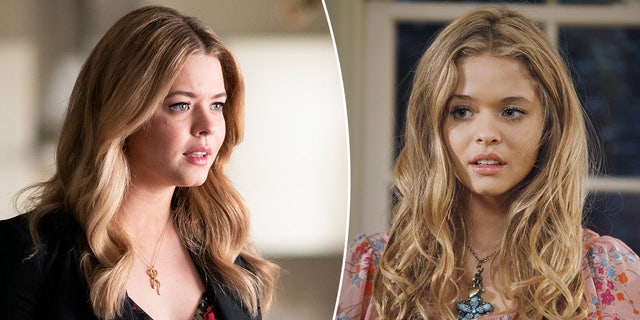 Sasha Pieterse as Alison DiLaurentis in "The Perfectionists" wearing a black blazer and looking slightly distraught split Sasha as Alison in "Pretty Little Liars" season 1 looking perturbed 