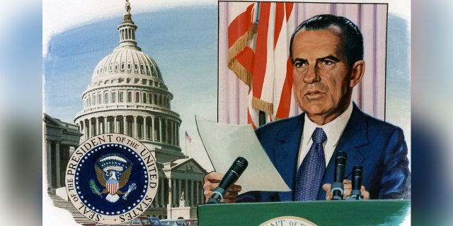 Painting showing Nixon giving a speech
