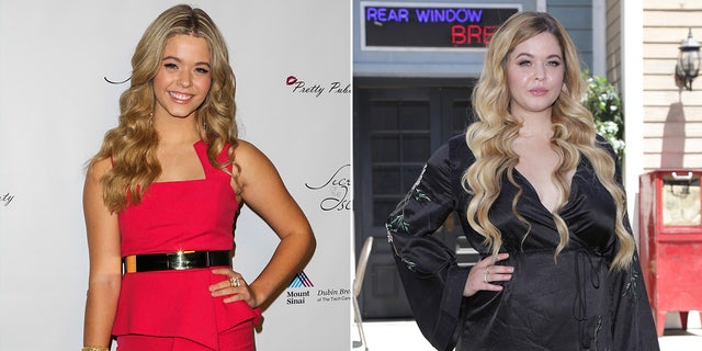 Sasha Pieterse in a pink dress that is belted with her left hand on her hip in 2013 split Sasha Pieterse in a black flowy gown on the Warner Bros. set in 2017