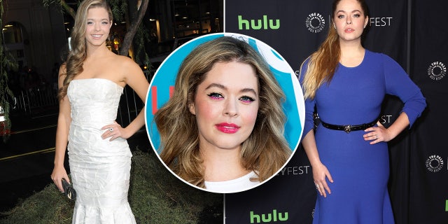 Sasha Pieterse in a white calf length gown with her left hand on her hip split Sasha Pieterse in a blue long sleeve dress with a black belt and her left hand on her hip in the middle a picture of Sasha Pieterse with bright under eye makeup on the carpet