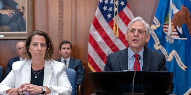 Attorney General Merrick Garland accompanied by Deputy Attorney General Lisa Monaco 