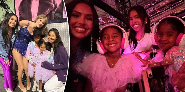 Vanessa Bryant in a purple skirt and Jean Jacket poses with Taylor Swift in her blue 'Midnight's era costume who poses with Bianka and Capri in matching outfits and Natalia holding Capri split Vanessa with her daughters watching Taylor Swift perform with her younger daughters wearing earphones