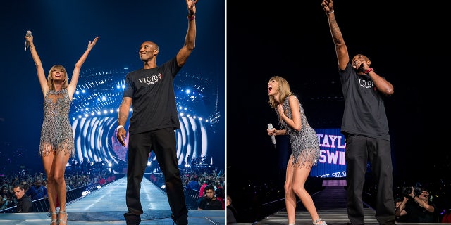 Taylor Swift with her arms raised during her 1989 tour in 2015 when Kobe Bryant walks on stage split Taylor looking shocked as Kobe points to the sky to show her a new banner in her honor