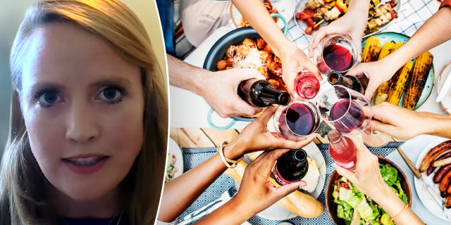 Teresa Mull, a blonde woman, in a photo split with a group cheering over dinner