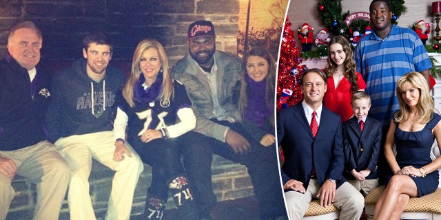Picture of the Tuohy family and Michael Oher sitting on a fireplace bench smiling for a photo split Tuohy Family/Michael portrayed in the movie "The Blind Side" posing for a family photo