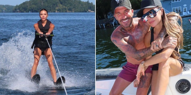 Victoria Beckham waterskiing and hugging David Beckham