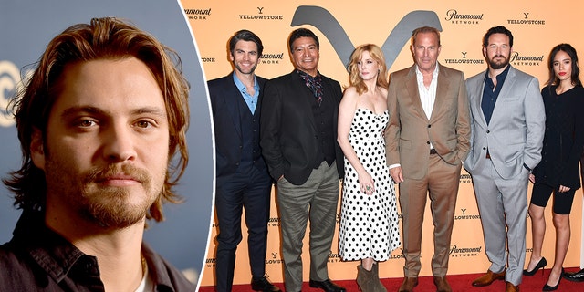 side-by-side close up photo of Luke Grimes and photo of "Yellowstone" cast