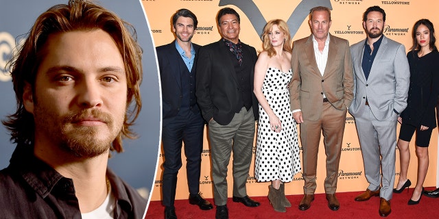 side-by-side close up photo of Luke Grimes and photo of "Yellowstone" cast