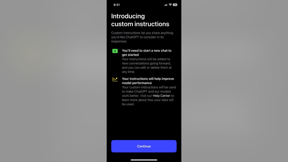 Custom Instructions information screen