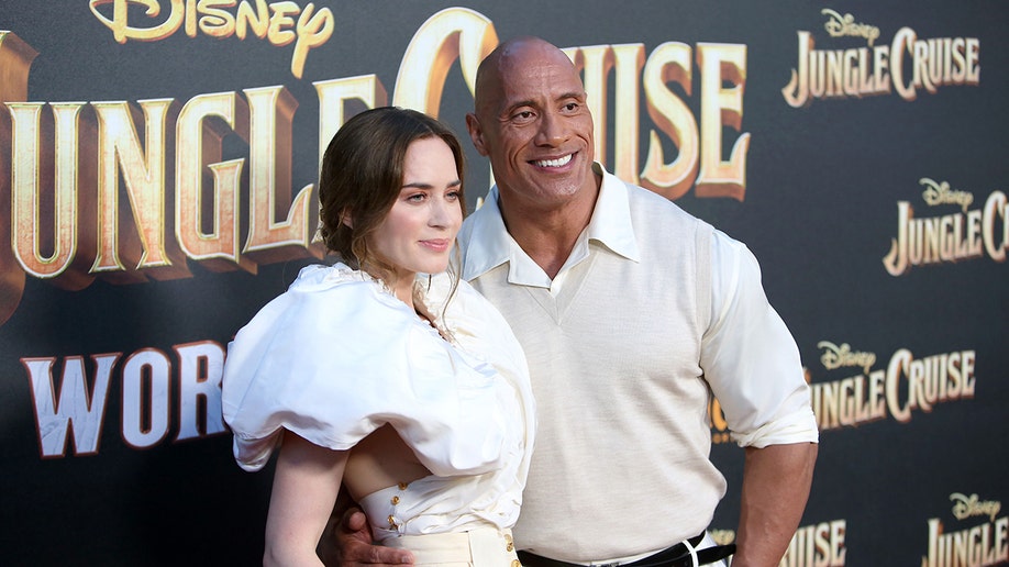 Emily Blunt and Dwayne Johnson at the premiere of "Jungle Cruise"
