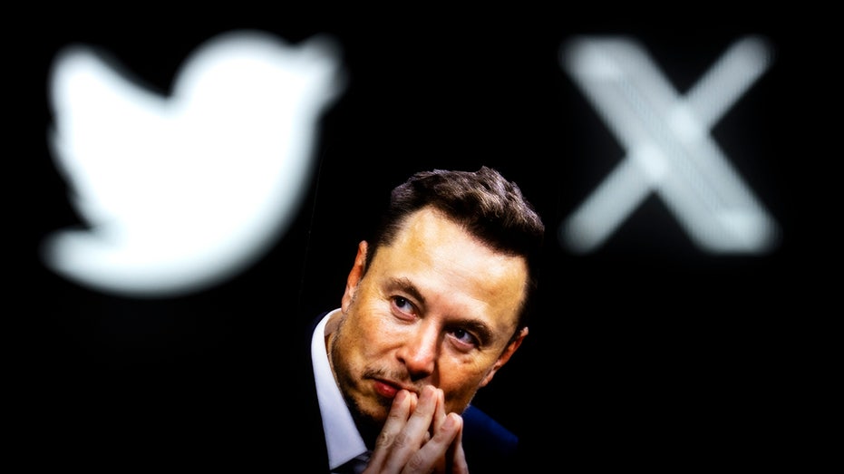 Elon Musk with X and Twitter bird logos overhead