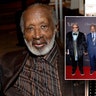 Stitch of photos of Clarence Avant with celebrities including Jay-Z, Sean "Diddy" Combs, holding hands with Quincy Jones and on stage with Lionel Richie