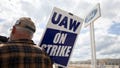 WAYNE, MICHIGAN - SEPTEMBER 15: United Auto Workers members strike at the Ford Michigan Assembly Plant on September 15, 2023 in Wayne, Michigan. This is the first time in history that the UAW is striking all three of the Big Three auto makers, Ford, General Motors, and Stellantis, at the same time. (Photo by Bill Pugliano/Getty Images)