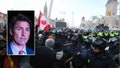Canadian Prime Minister Justin Trudeau inset against police arresting the Freedom Convoy protesters in February, 2022.