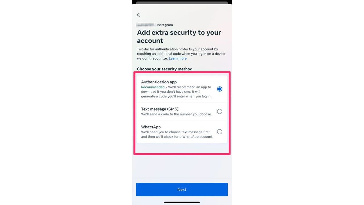 Choose authentication app or text message