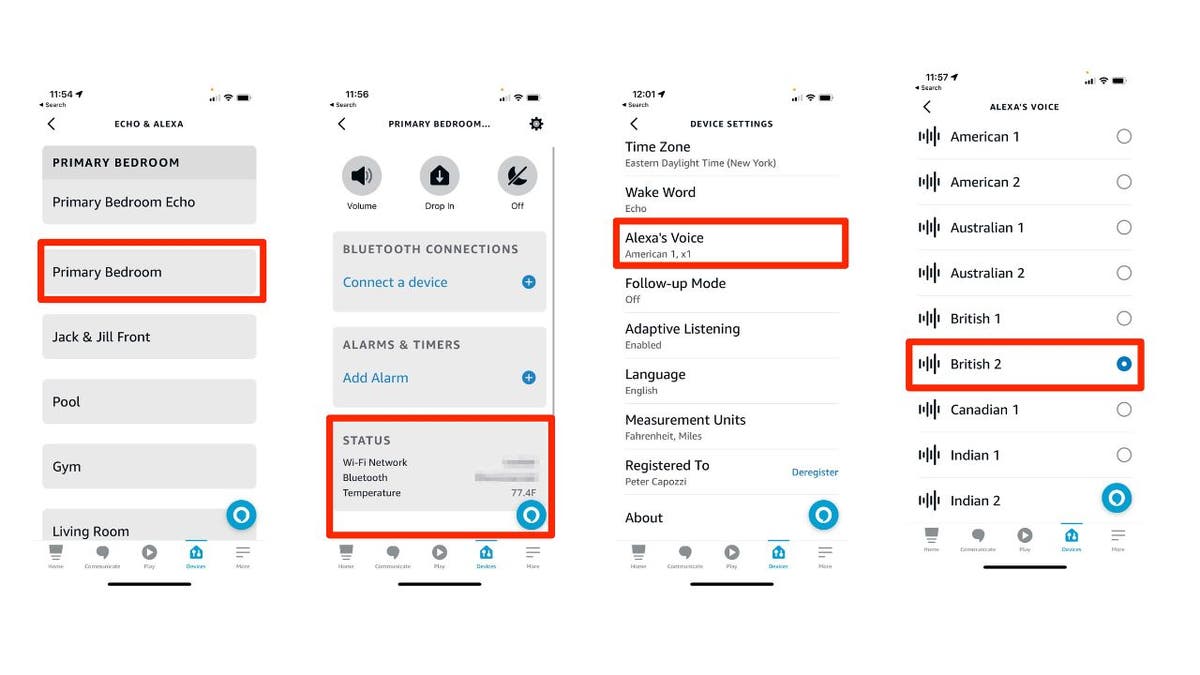 Captures d'écran de l'application Alexa, montrant l'appareil que vous souhaitez choisir, son état, la voix et l'accent d'Alexa parmi lesquels choisir