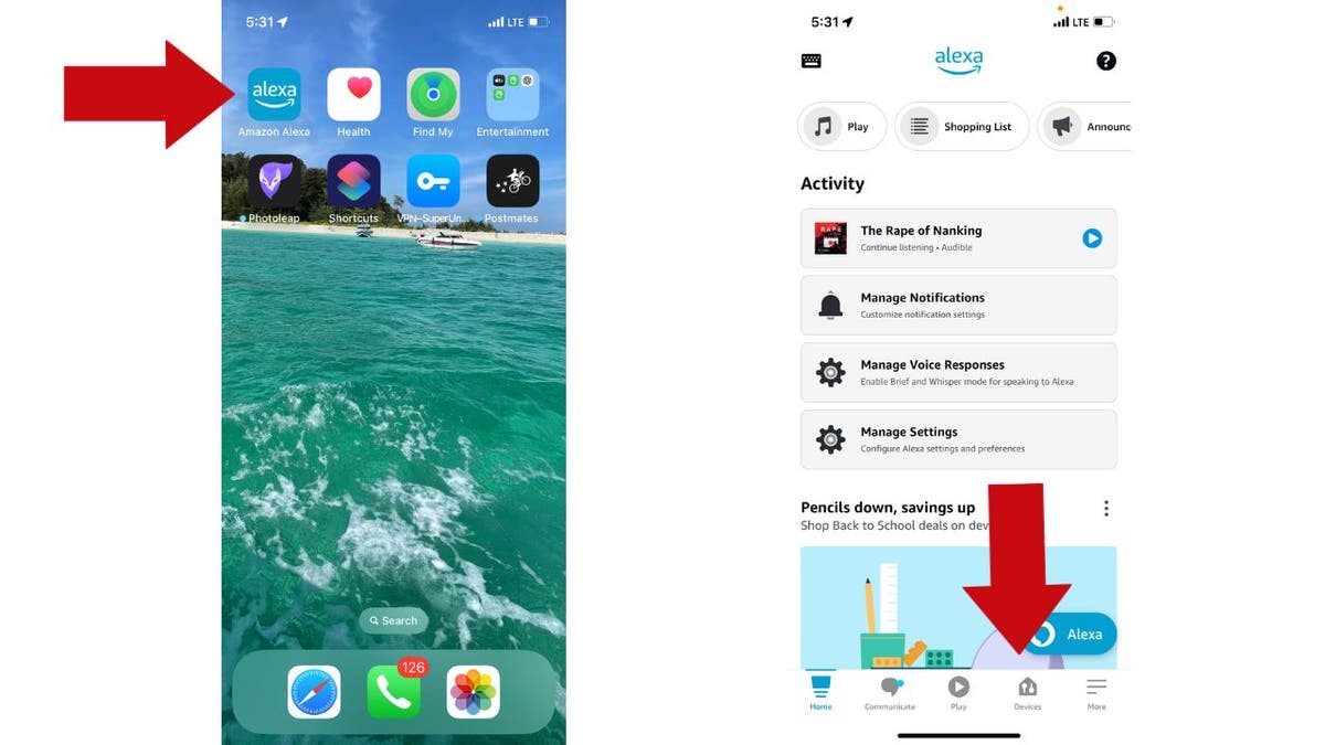 Capture d'écran des applications sur le téléphone, flèche pointant vers l'application Alexa, flèche pointant vers les appareils de l'application